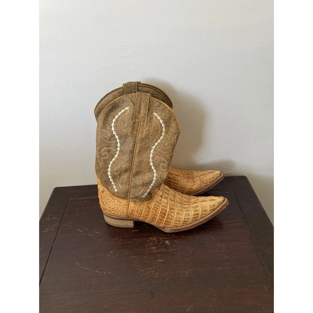 Gran Rider Croc Print Western Cowboy Boots Tan Brown Men’s 8.5 Made Mexico